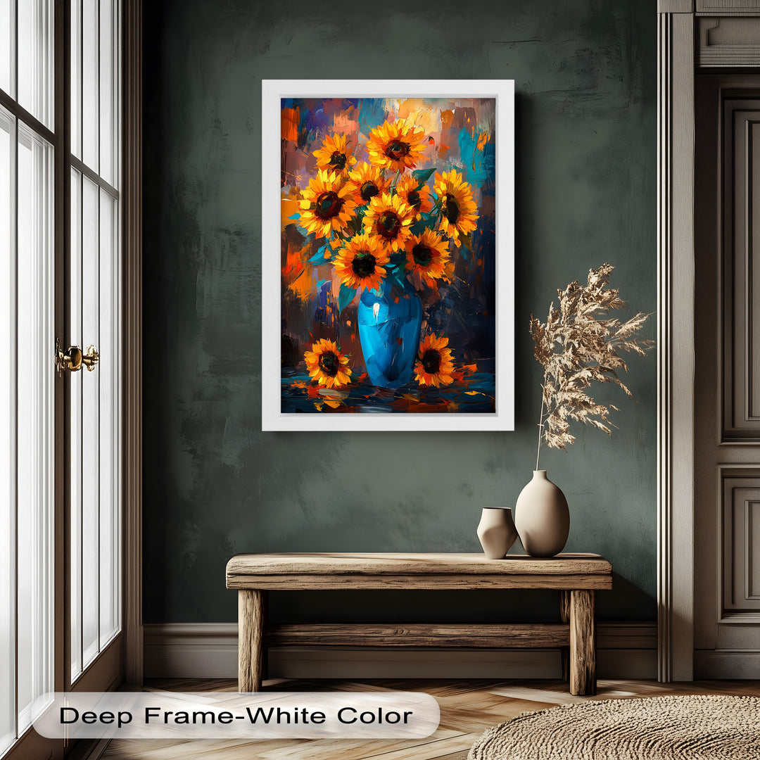 Sunlit Joy – Bold Sunflowers in Blue Vase Oil Painting