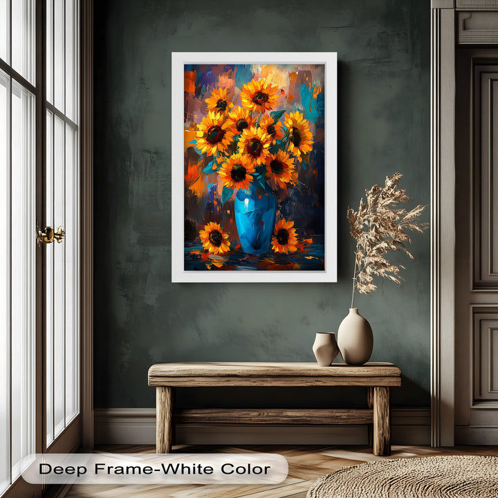 Sunlit Joy – Bold Sunflowers in Blue Vase Oil Painting