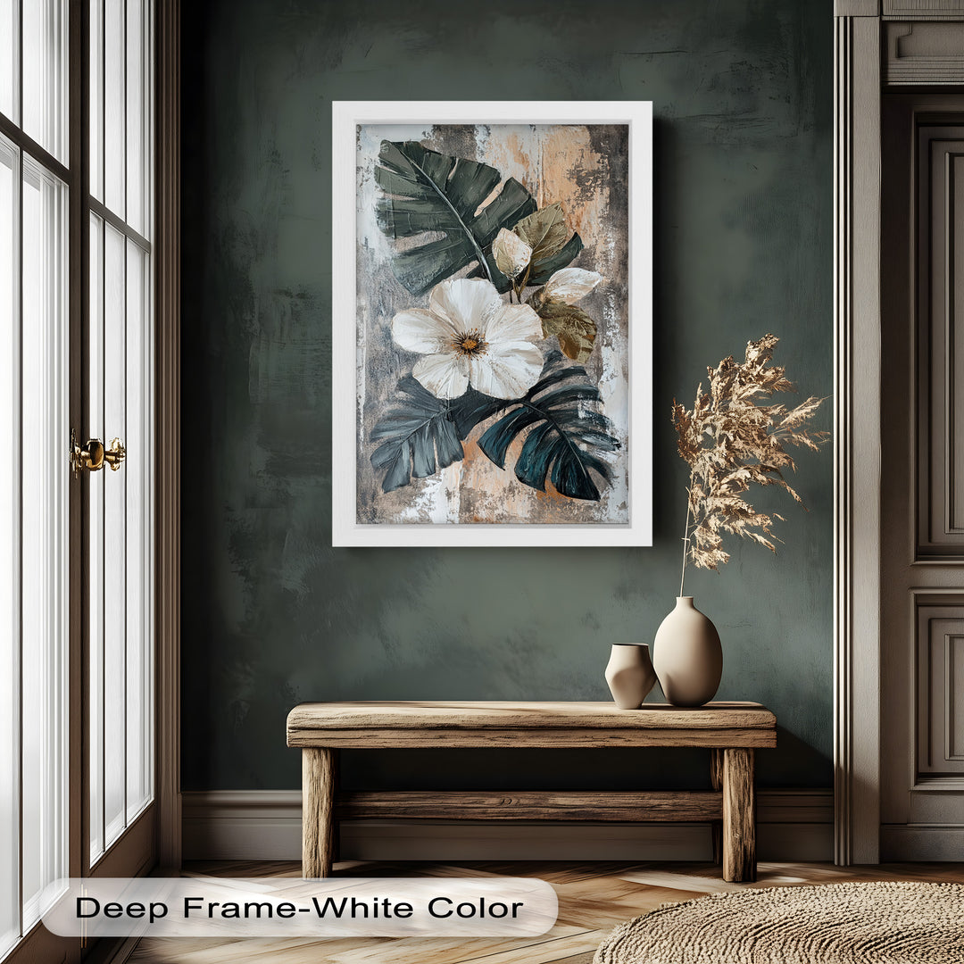 White Bloom and Tropical Leaves - Flower Oil Painting