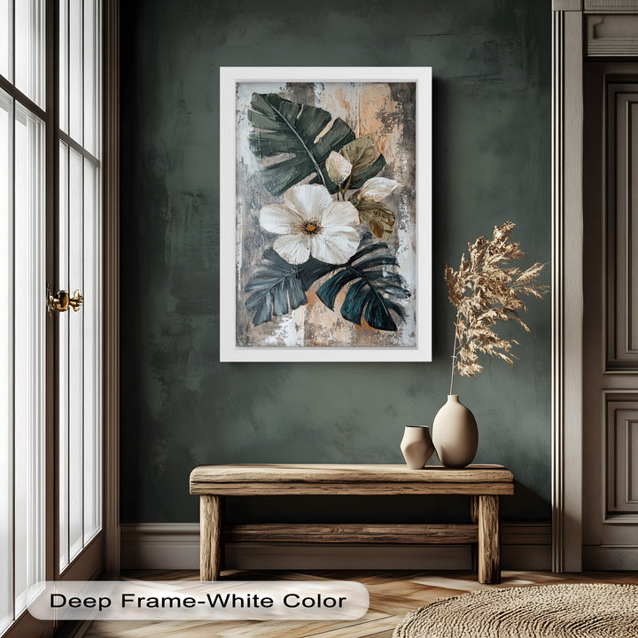 White Bloom and Tropical Leaves - Flower Oil Painting