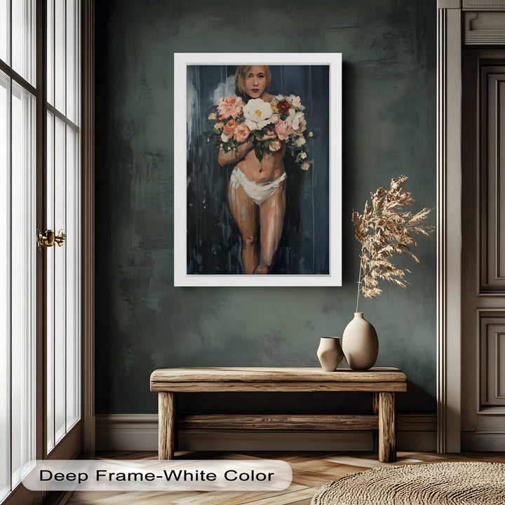 Floral Embrace – Abstract Nude with Blooming Bouquet Oil Painting