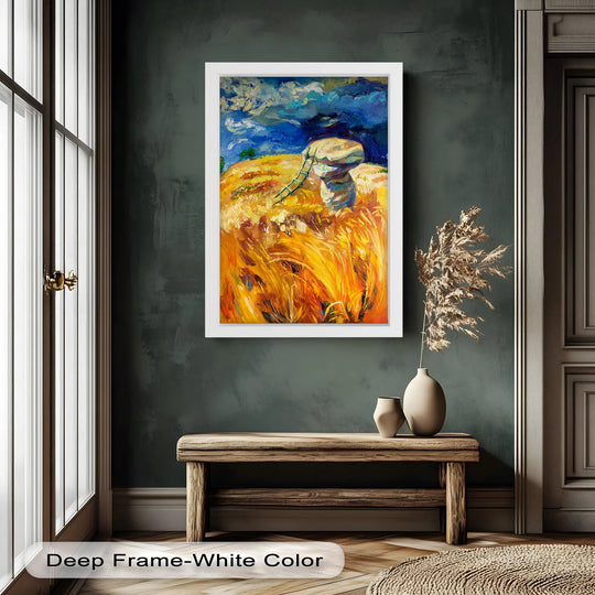 Light and shadow define the texture of this oil painting reproduction print, showcasing an impressionist golden harvest scene with a stormy blue sky above.