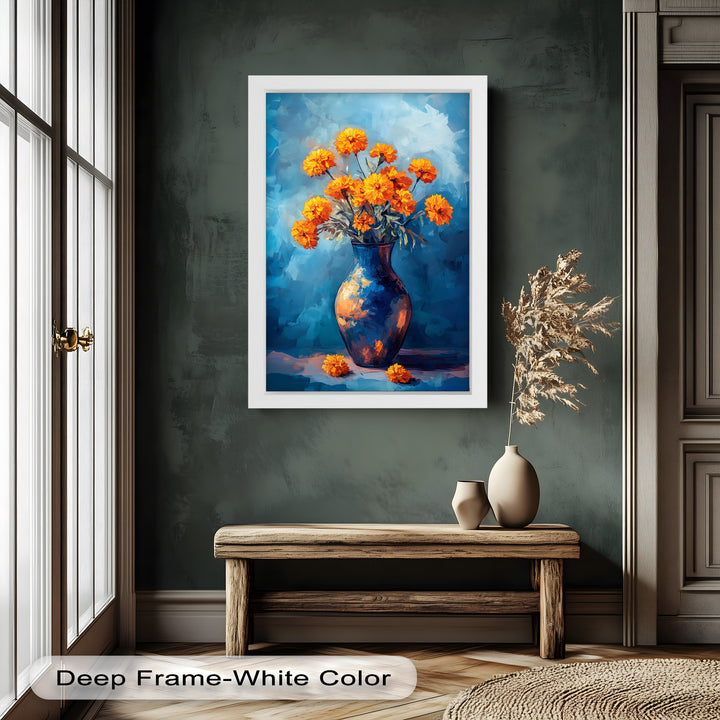 Golden Marigolds in Midnight Blue – Flower Oil Painting