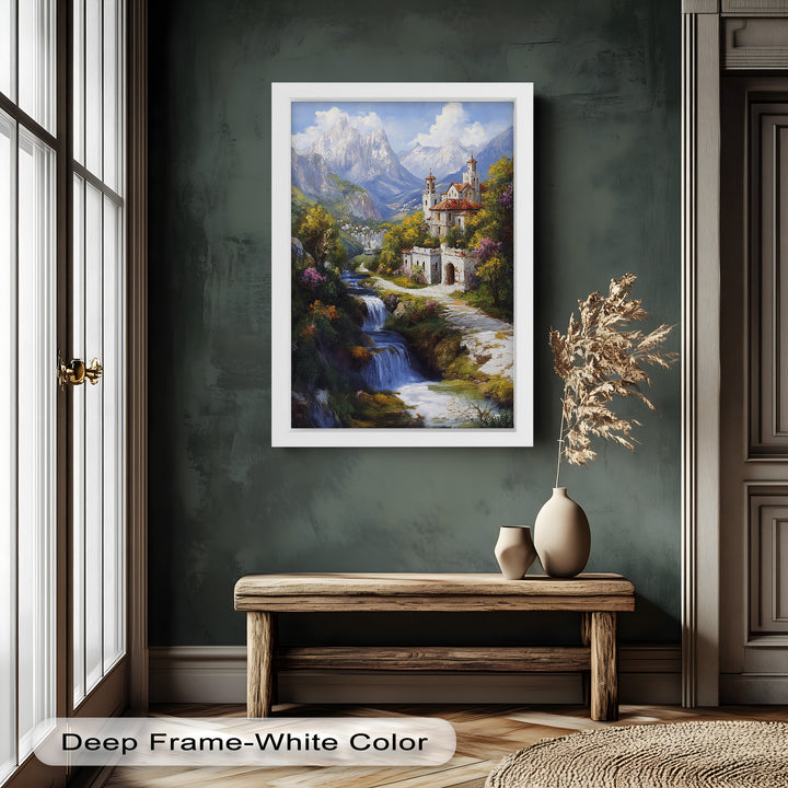 Mountain Abbey by the Falls – Serene Renaissance Oil Painting