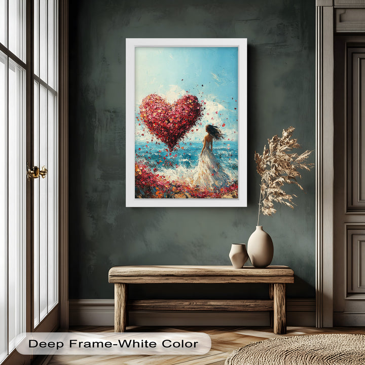 Woman with Heart-Shaped Petals Over the Sea - Love Oil Painting