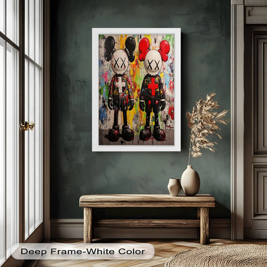 Featuring a crisp, white edge and borders, this captivating oil painting artwork showcases the 'Dual Manifest – Abstract Duo KAWS Oil Painting.'