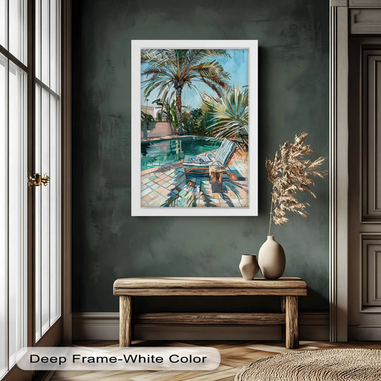 Boasting striking color saturation, this poolside palm tree escape tropical oil painting wall art showcases bright hues and bold brushstrokes.