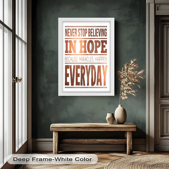 Framed motivational oil painting decoration, showcasing the empowering 'Believe in Hope' typography, becomes the focal point in a refined interior setting.
