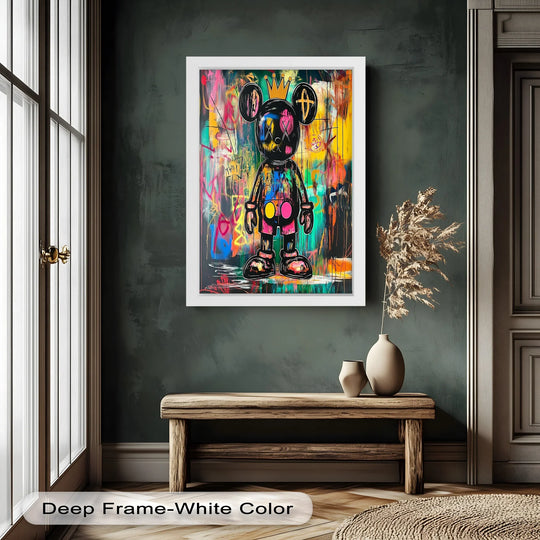 Focal point showing the crowned chaos, a neon royal KAWS, in a graffiti oil painting home decor with a vibrant color palette and bold urban flair.
