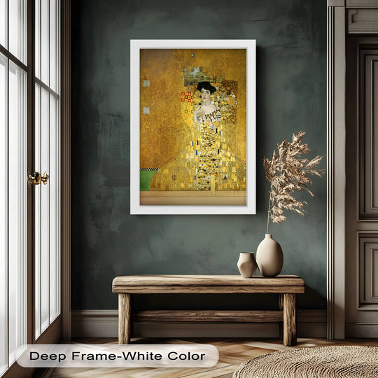 Warm color temperature radiates from this oil painting home decor piece of Klimt’s 'The Golden Muse,' highlighting Adele Bloch-Bauer's historic portrait.