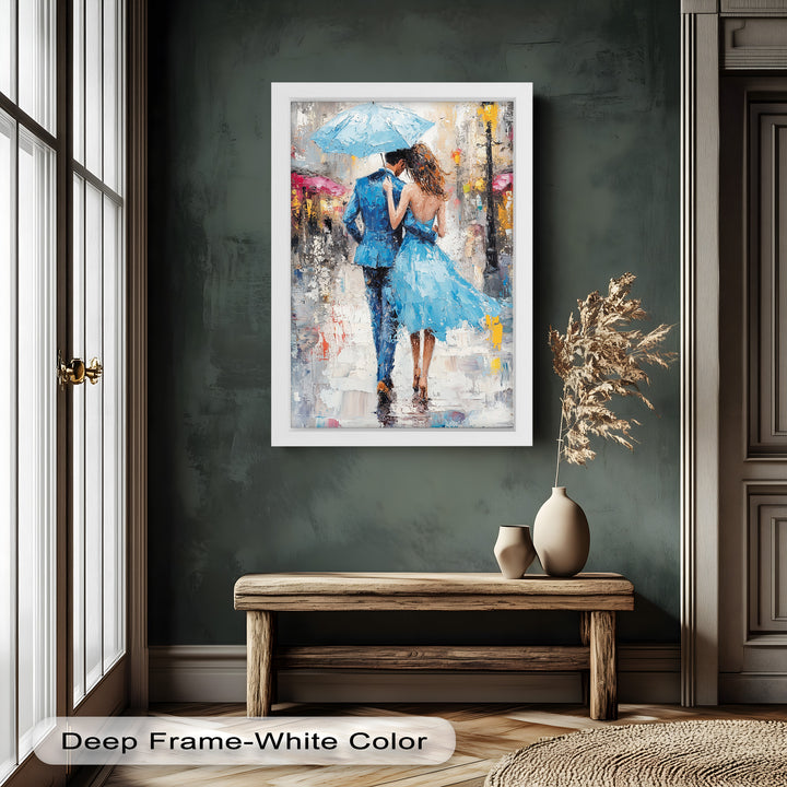 Romantic Couple Strolling in Rain - Love Oil Painting