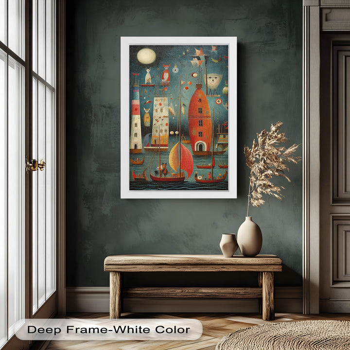 Moonlit Harbor Parade – Surreal Cat and Owl Fantasy Oil Painting
