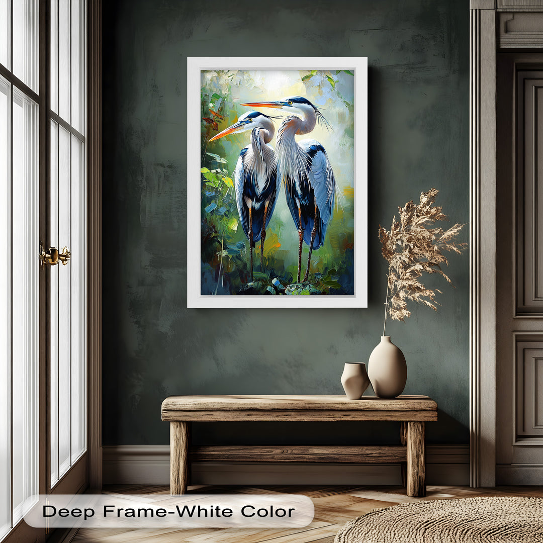 Pair of Herons in Forest Light – Animal Oil Painting