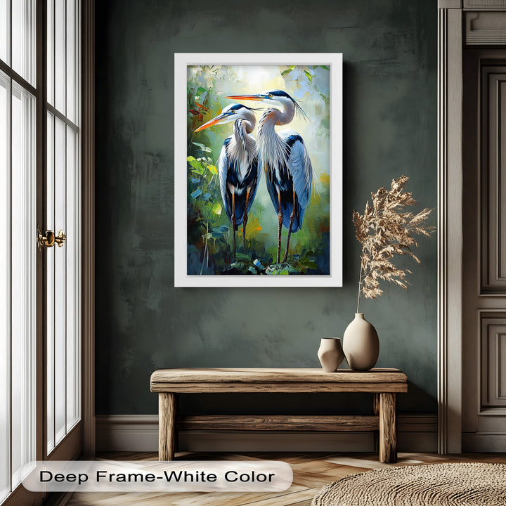 Pair of Herons in Forest Light – Animal Oil Painting