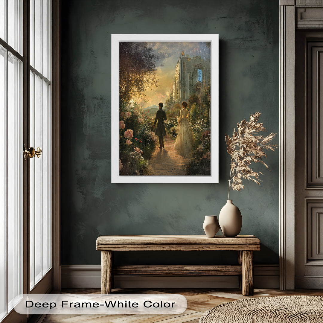 Victorian Lovers at Twilight – Romantic Garden Walk Oil Painting