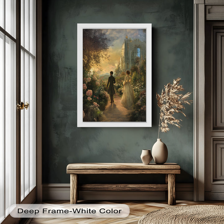 Victorian Lovers at Twilight – Romantic Garden Walk Oil Painting