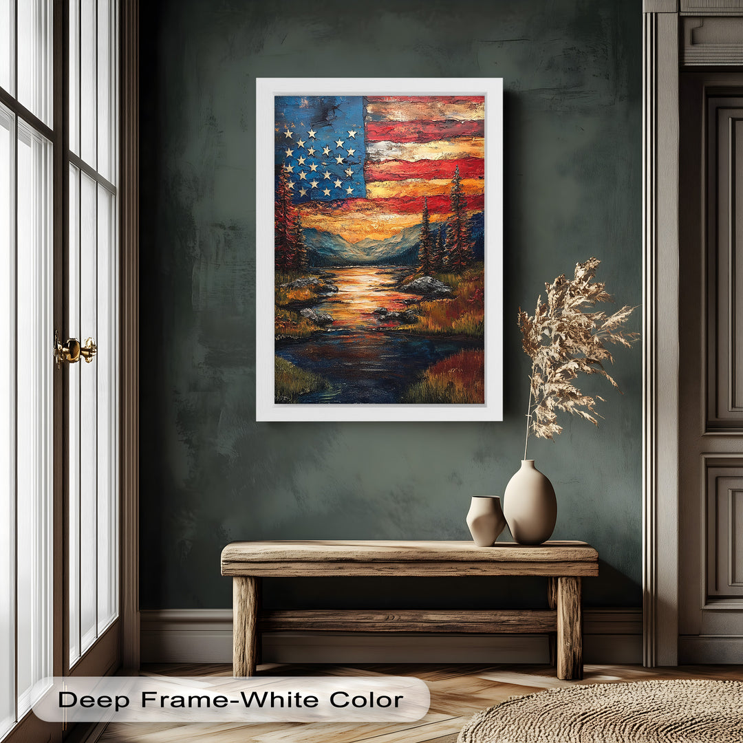 Amerikanische Flagge Sonnenuntergang Landschaft - Patriotisches Ölgemälde