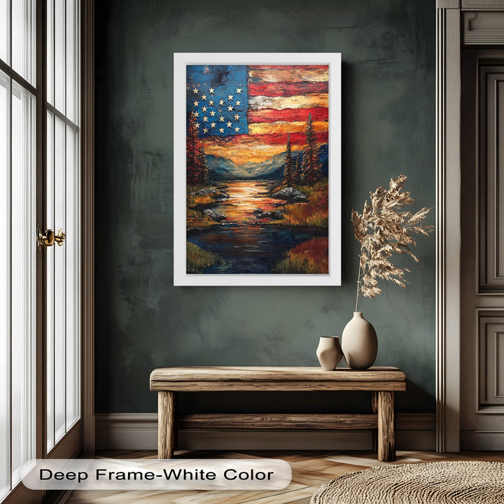 Amerikanische Flagge Sonnenuntergang Landschaft - Patriotisches Ölgemälde