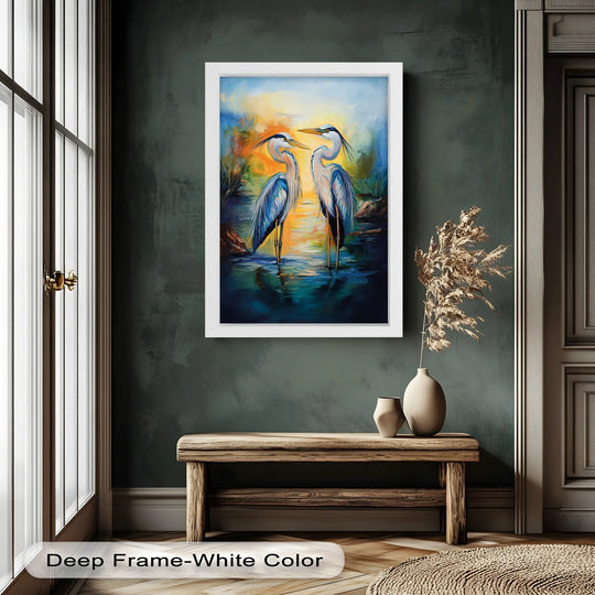 Subtle nuances of the darkest area highlight the twilight hues and the two graceful herons in this stunning oil painting artwork.