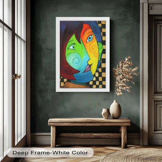 Radiant hues converge in this “Colorful Duality” oil painting decoration, showcasing a mesmerizing blend where vibrant segments uniquely define each side of the face.