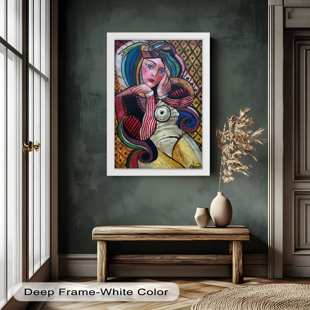 Melancholy in Stripes – Colorful Cubist Woman Portrait Picasso Oil Painting