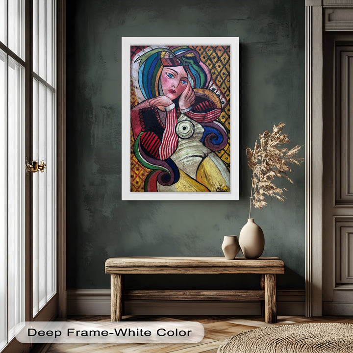 Melancholy in Stripes – Colorful Cubist Woman Portrait Picasso Oil Painting