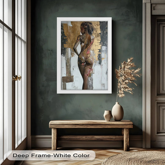 Emphasizing the organic forms of the subject, this oil painting wall art presents an abstract, textured golden silhouette of a woman in fluid motion.