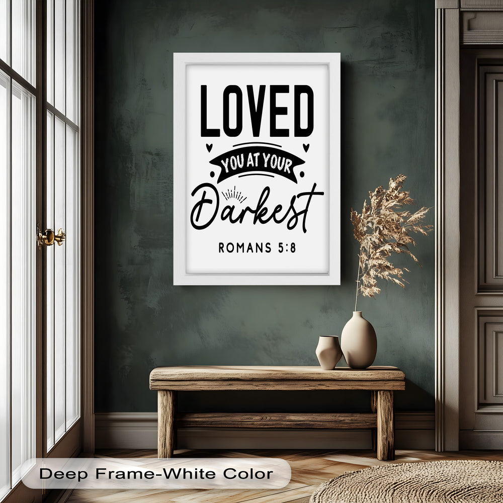 Biblical Quote Oil Painting – Minimalist Romans 5:8 Black and White Wall Art
