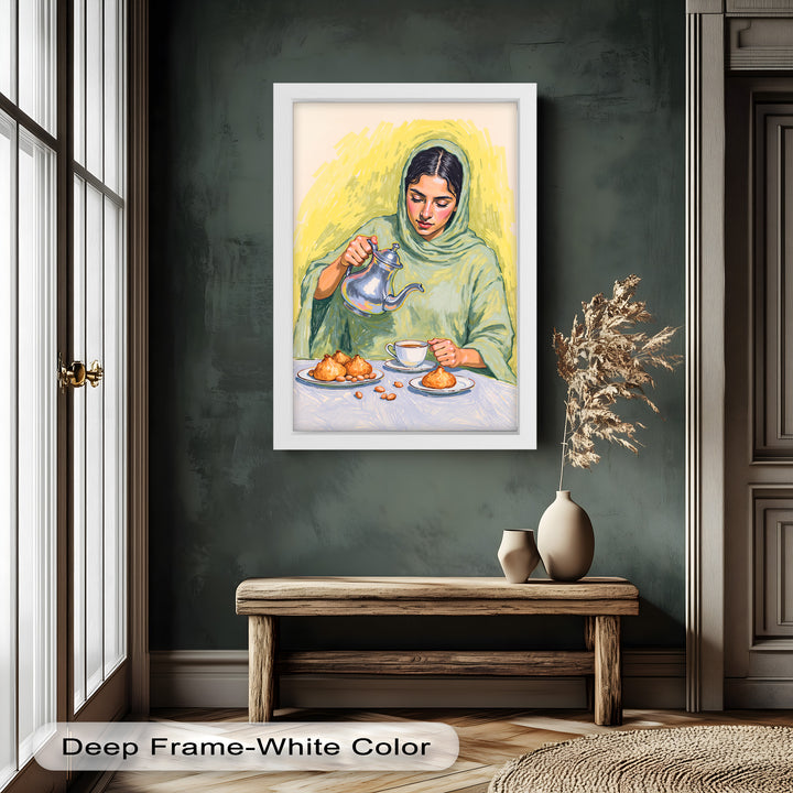 Woman Pouring Tea with Traditional Sweets - Food Painting