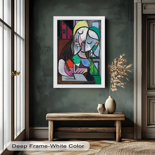 Cool color temperature in the framed Dreaming Scribe Picasso oil painting wall art contrasts with the warm hues of the room.