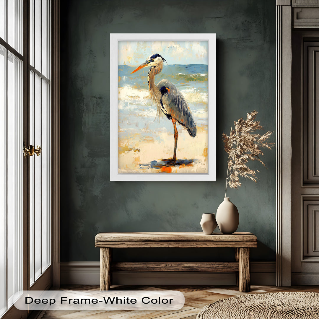 Elegant Heron Standing on Shoreline – Framed Oil Painting