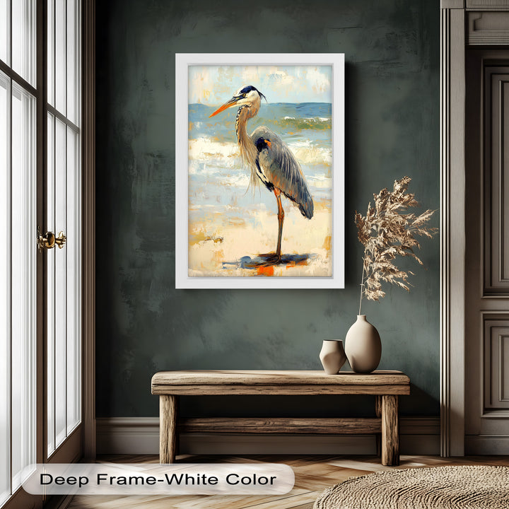 Elegant Heron Standing on Shoreline – Framed Oil Painting