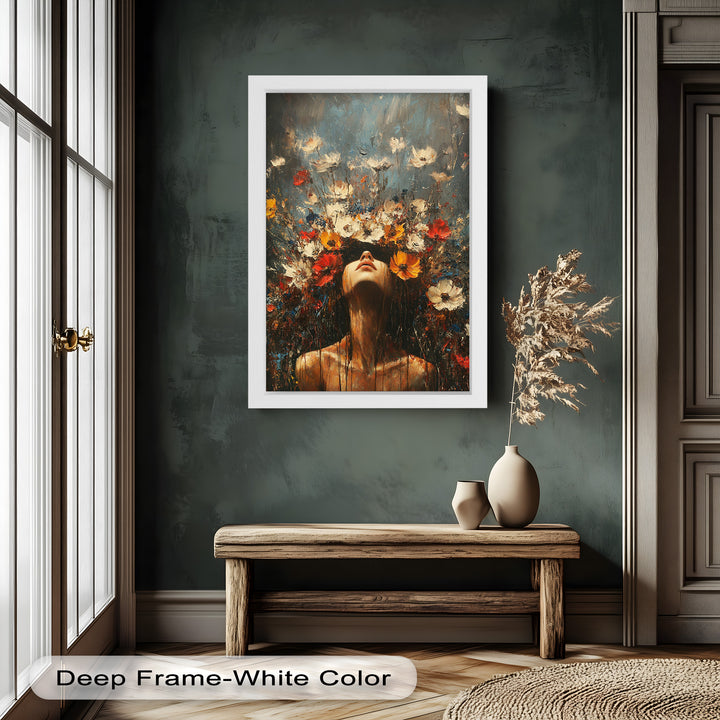 Floral Rebirth – Woman with Blossoming Crown Abstract Oil Painting