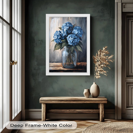 Negative space emphasizes the stunning blue hydrangeas in a mason jar, an elegant detail of this flower oil painting art prints that adds a serene focal point.