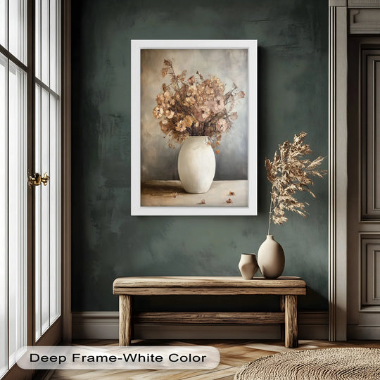 Negative space accentuates the off-white vase and soft brown bouquet of this oil painting home decor, creating a textured floral fine art piece.