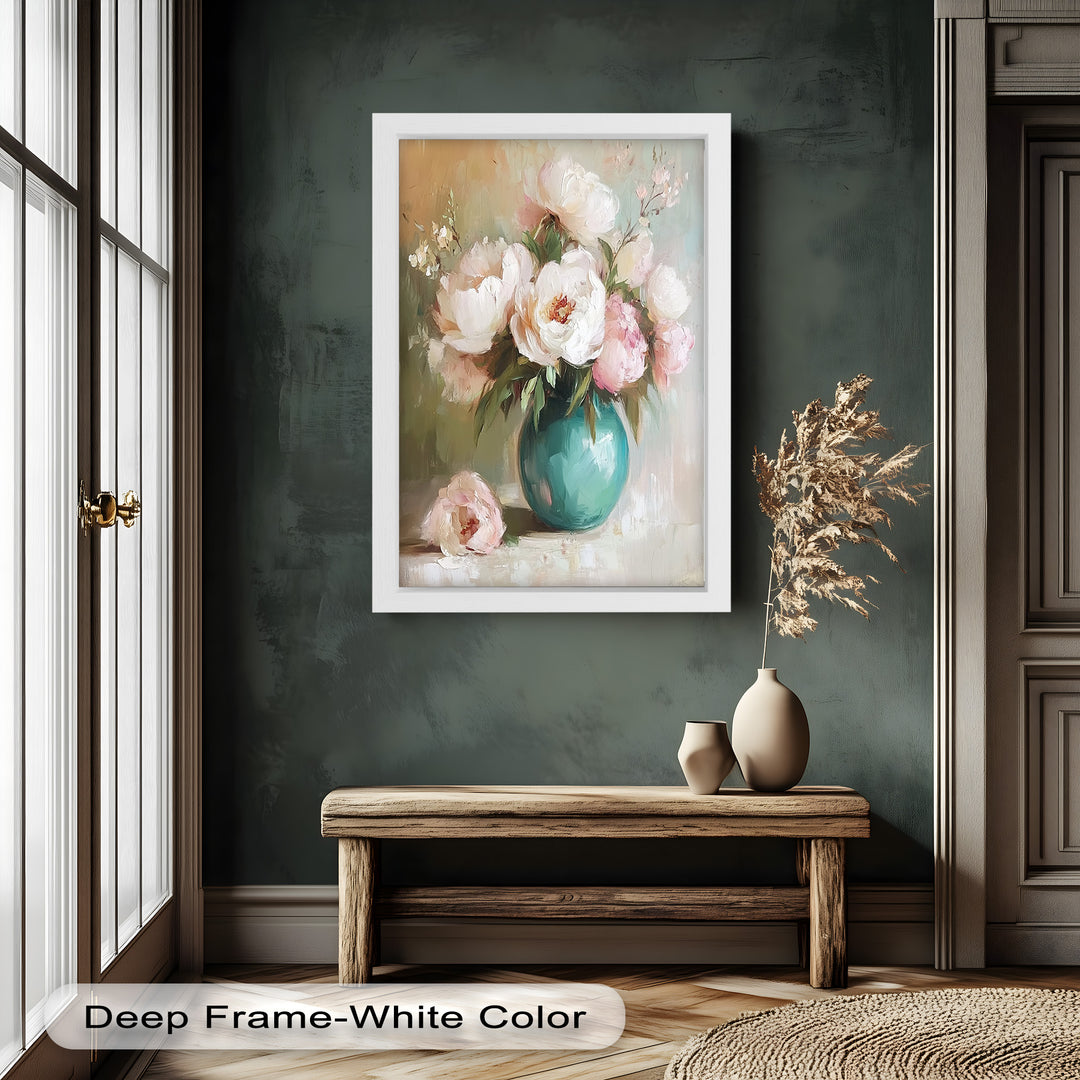 Blushing Peonies in Jade Vase – Romantic Flower Oil Painting
