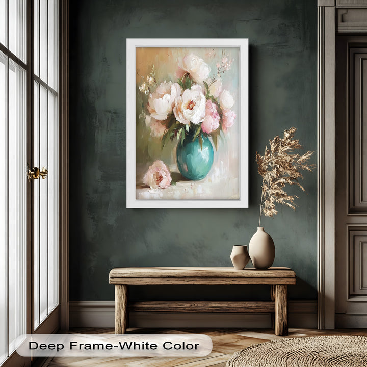 Blushing Peonies in Jade Vase – Romantic Flower Oil Painting