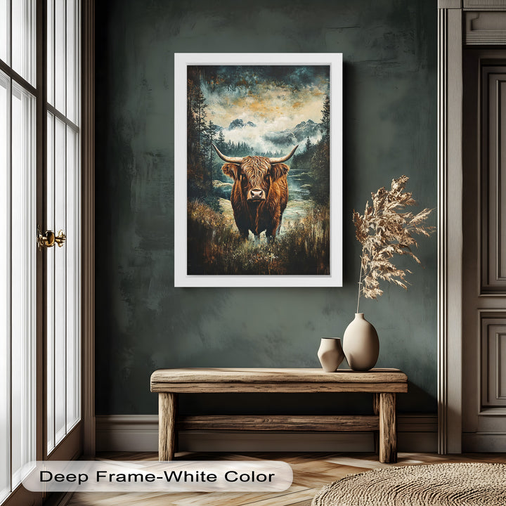 Highland Cow in Misty Pines – Wilderness Oil Painting