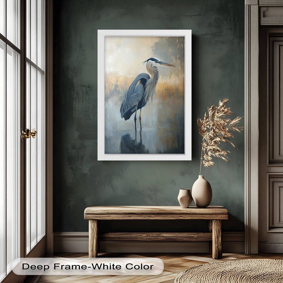 Heron in Misty Marshland - Framed Oil Painting