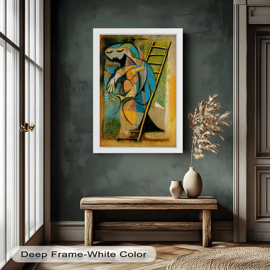 Subtle negative space defines the Cubist figure of the mother and bird in this Picasso-style oil painting artwork, creating a sense of calm within the abstract composition.