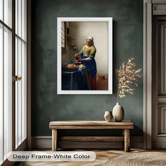 Showing the realistic detail, 'The Milkmaid' oil painting art prints capture the tranquil domestic scene with exquisite brushstrokes, displaying a milkmaid in a historic Dutch kitchen.