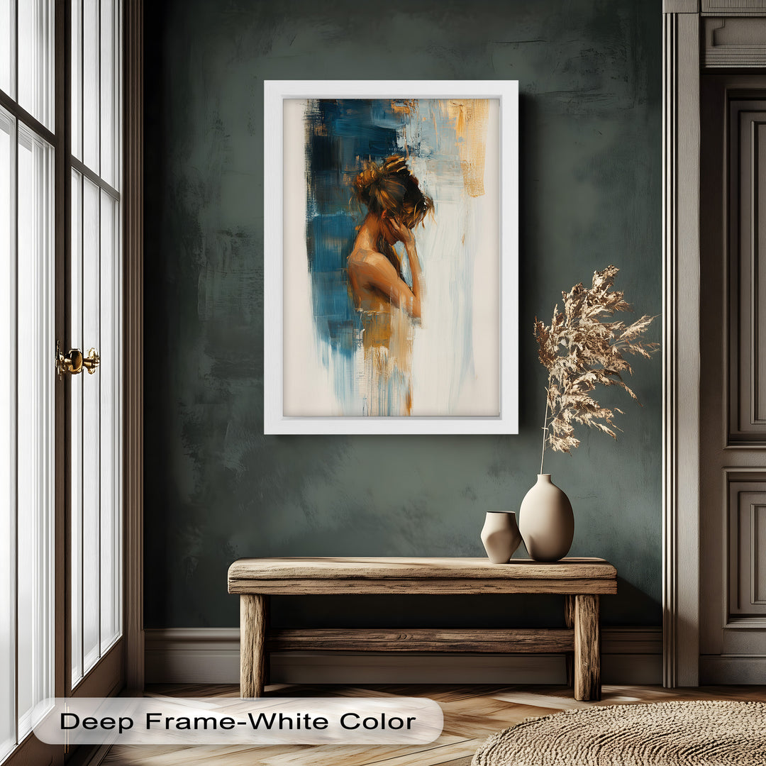 Veil of Thought – Introspective Woman in Blue and Gold Abstract Oil Painting