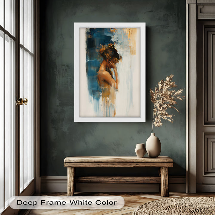 Veil of Thought – Introspective Woman in Blue and Gold Abstract Oil Painting
