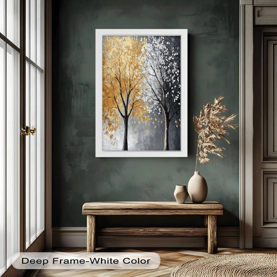 Drifting leaves in this dual tree flower oil painting art prints evoke a gentle, almost palpable sense of seasonal change and atmospheric movement.