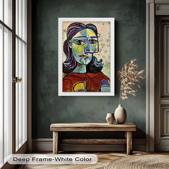 Visual rhythm arises from the contrasting yet harmonious colors and shapes in the Fragmented Gaze, a Picasso-inspired oil painting home decor portrait of a woman.