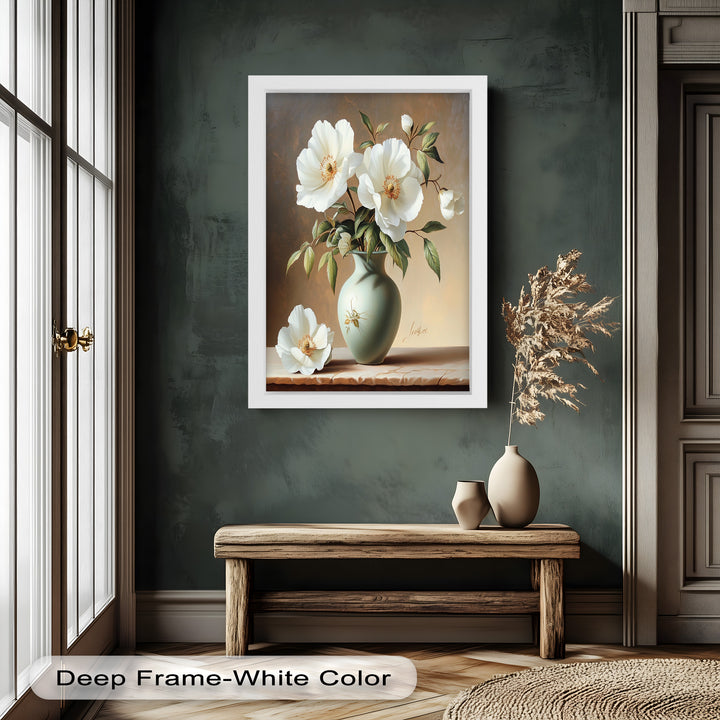 White Peony Still Life – Classic Floral Arrangement Flower Oil Painting