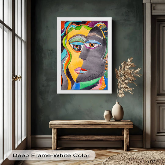 Bright cubist abstract oil painting home decor featuring dual faces in a bold, eye-catching design captures the viewer's attention as the loudest element.