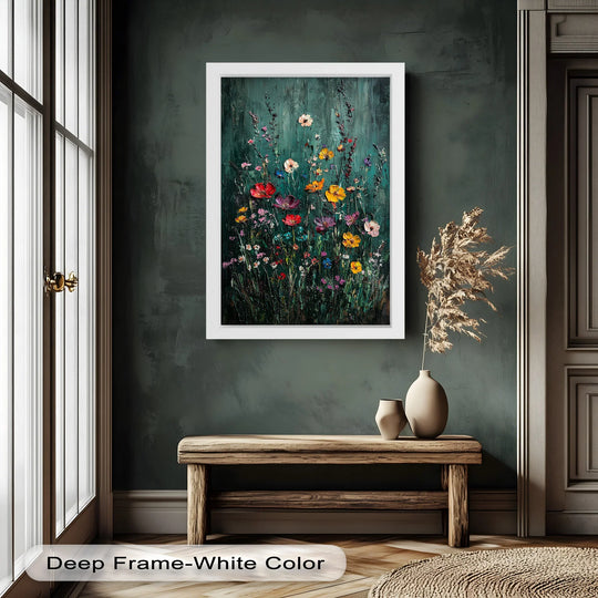 Foreground details showcase vibrant hues and textured brushstrokes in the 'Wildflower Symphony' oil painting artwork, bringing the essence of Hudson River landscapes to life.