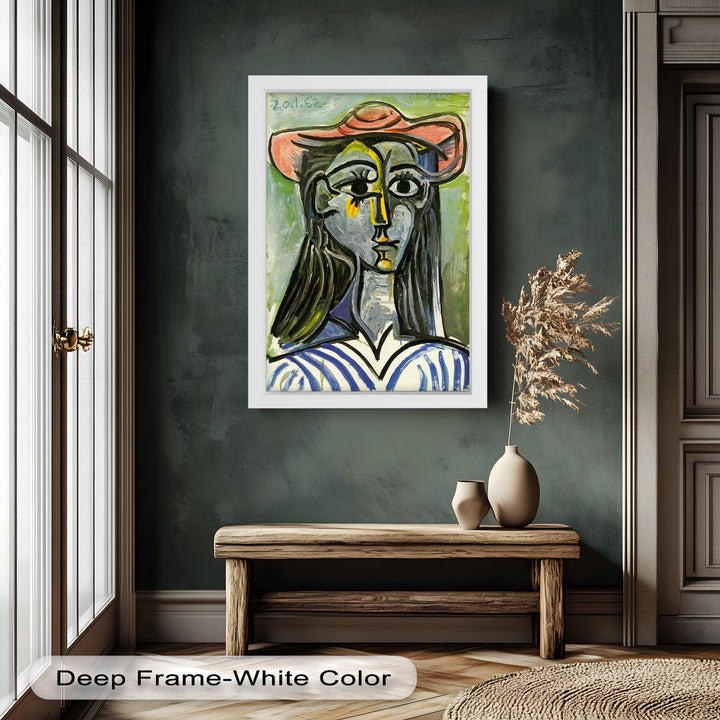 Striped Muse in Pink Hat – Picasso Oil Painting