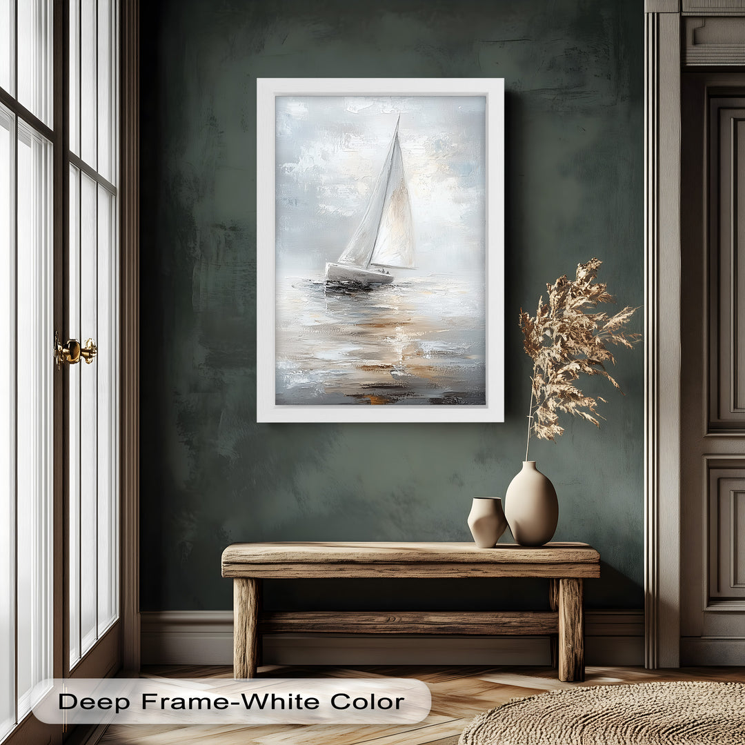 Sailing Through the Mist – White Boat Oil Painting